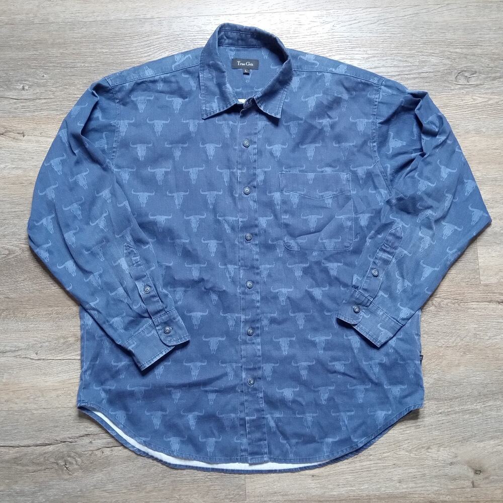 True Grit Shirt Vintage Mens Size L Button Up Western Longhorn USA Made